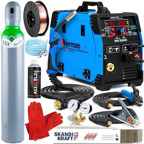 ALLWELD Sherman MIG 200HD - Vollsynergisches 200A MIG MAG Schutzgasschweißgerät mit Fülldraht, Lift-WIG, MMA und Lötschweißen Funktion - Inverter Schweißgerät IGBT - Set:Professional