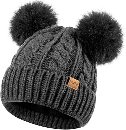 PIOZAED Women's Winter Hat Soft Knit Beanie with Faux Fur Pom Hat with Warm Fleece Lining Skull Cap for Women Gray