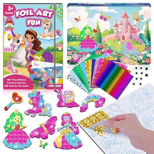 CutteeyFyry Lustiges Folien-Kunst-Set für Kinder, Einhorn und Prinzessin, Folienkunst für Kinder, Kunst-Bastelsets für Mädchen im Alter von 3–10 Jahren, Kinder-Aktivitäts-Kits, Reisespielzeug