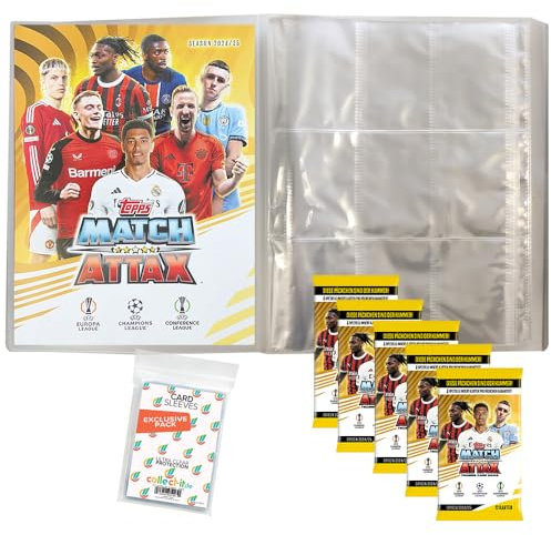Bundle mit Match Attax Champions League 2024/25 - Trading Cards - 1 Leere Sammelmappe + 5 Booster + Exklusive Collect-it Hüllen