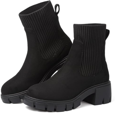 Bravover Chelsea Boots Women Waterproof Platform Pull On Chunky Heel | PU upper ribbed elastic side panels back pull tabs round toe and deep lug tread for commuting shopping and daily wear
