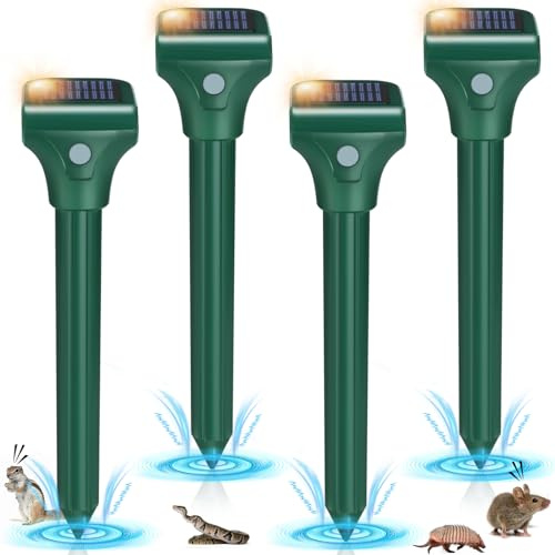 Mole Repellent for Lawns 4 Pack,Solar Gophe Repeller Ultrasonic Gopher Repellent,IPX7 Waterproof Outdoor Vole Vibration Stakes for Yard,Mole Deterrent Spike for Chipmunk Groundhog Snake Rodent,3 Modes