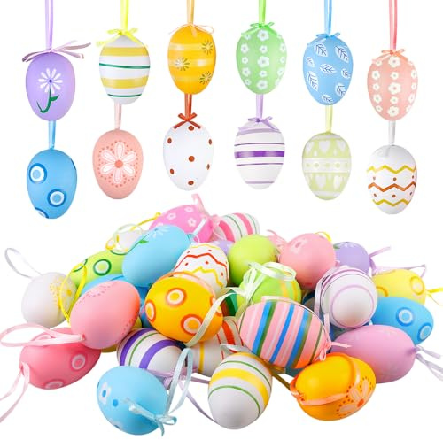 Ostereier zum Aufhängen, 48 Stück Bunte Ostereier Plastik, Ostereier aus Kunststoff, Osterdeko Hängedeko, Osterbaumschmuck, Dekorative Eier-Ornamente für Innen Außen Osterdeko