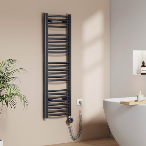 EMKE Badheizkörper Elektrisch 1200 x 400 mm, Gebogen Handtuchheizkörper Elektrisch mit Thermostat Elektrischer Handtuchwärmer Handtuchtrockner Anthrazit 500 Watt