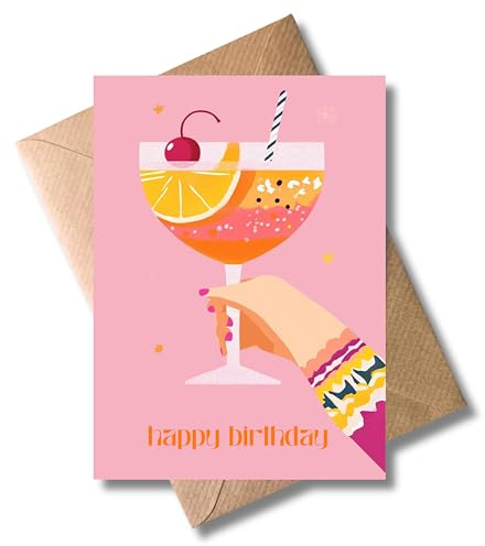 WBdesignz Geburtstagskarte Frau mit Umschlag - Cocktail-Motiv – bunte Happy Birthday Karte zum Geburtstag für Freundinnen, Kolleginnen oder Schwestern - witzig & modern (DIN A6)