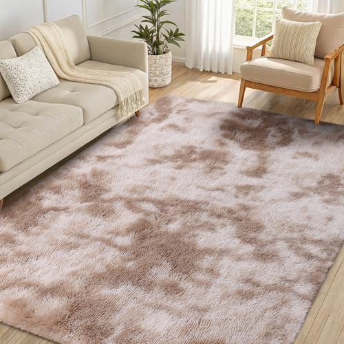 smiry Rugs Living Room 120x160cm, Area Rugs for Bedroom, Machine Washable Anti Slip Soft Fluffy Shaggy Tie-dye Floor Carpet for Kids Girls and Boys, Nursery Room, Beige