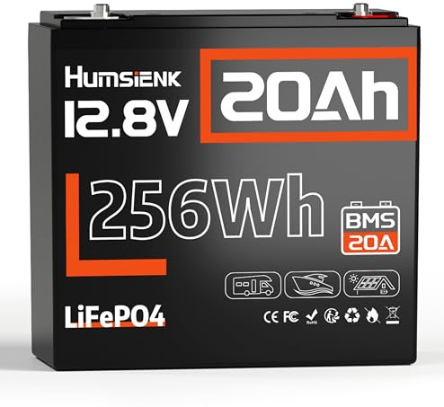 HumsiENK 12V 20Ah LiFePO4 Lithium-Akku, integriertes 20A BMS, EV-Klasse A+ Zellen, wiederaufladbar für 6000 bis 15000 Tiefentladezyklen, 12V Lithium-Akku, ideal für Echolote, Camping, Elektrofahrzeuge