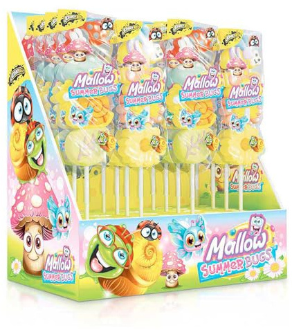 JohnyBee Mallow Summer Bugs – Spiedini di Marshmallow Colorati a Forma di Insetti Estivi – Espositore da 24 Pezzi – Dolce Divertente per Bambini