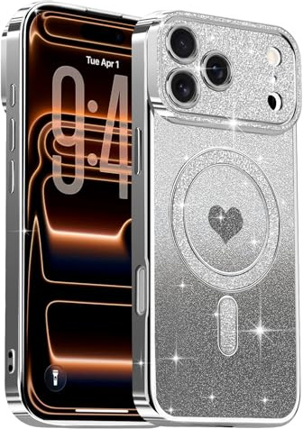 Lafunda für iPhone 17 Pro Hülle Plating Magnetisch Handyhülle Schwarz | Kompatibel mit MagSafe Mädchen Frauen Glitzer Pailletten Kameraschutz Durchsichtig Stoßfest Muster Herz-Motiv Schutzhülle