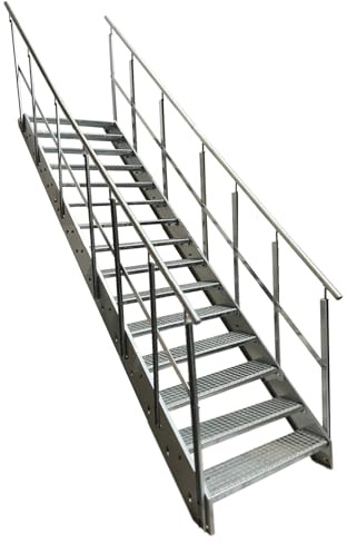 Kaminbau Mierzwa Premium Stahl Treppe mit beidseitigem Geländer komplett Verzinkt / 15 Stufen (Breite 1200 mm) (Höhe 285 cm) Wetterfest Gitterroststufe Gartentreppe