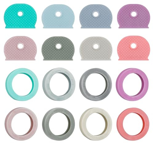 Uniclife 16 Pcs Key Covers Caps, 1 & 0.9 Key Identifiers, Soft Stretchy Key Covers for House Key, Colorful Key Head Protectors for Small & Standard Keys (Not for Odd-Shaped Keys)