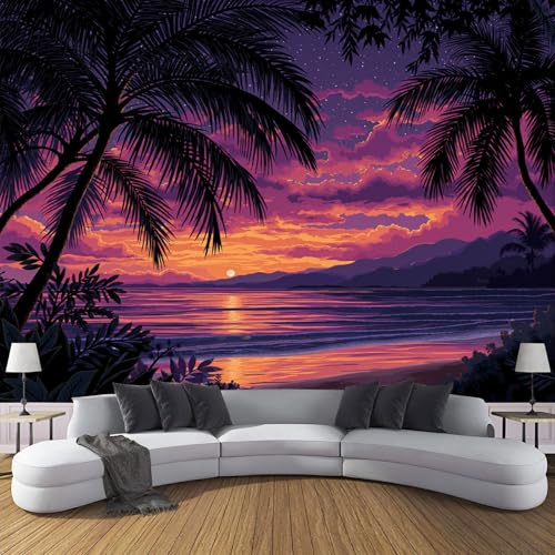 ‎150x105cm (L×H) Papier Peint Panoramique Paysage Mer Coucher De Soleil Feuilles De Palmier Murale, Poster Muraux Imprimés 3D, Papier Peint Tissu Violet foncé pour Décoration Chambre et Salon