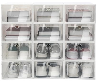 12 st hopfällbara flip-skoboxar set skohylla stapelbar förvaringsbehållare plast klar skoväska hemorganiserare