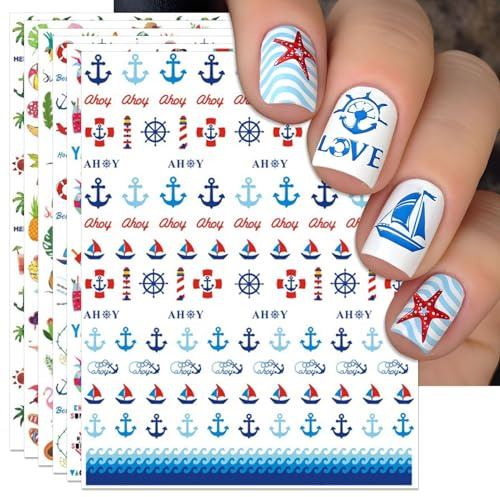 Nagelaufkleber Sommer Strand Nagelaufkleber Palmen Nagelsticker Tropische Blumen Nagelsticker Flamingo für Nageldesign Zubehör, Nagel DIY, Nageldekorationen (A-6 Blätter)
