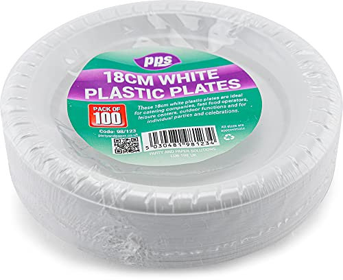 100 WHITE PLASTIC PLATES - 7 inch/18cm quality durable plates ideal for hot and cold food