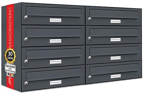 AL Briefkastensysteme 8er Briefkastenanlage Anthrazit Grau RAL 7016, Premium Briefkasten DIN A4, 8 Fach Postkasten modern Aufputz