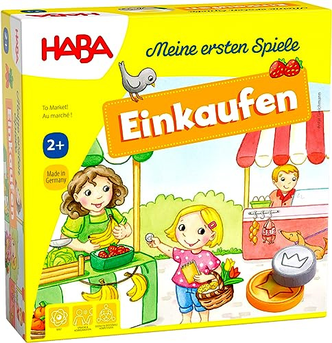 HABA Meine ersten Spiele – Einkaufen – Spiel ab 2 Jahren mit 3D-Marktstand, Holz-Spielgeld & Einkaufslisten, 1-4 Spieler – 1302781001