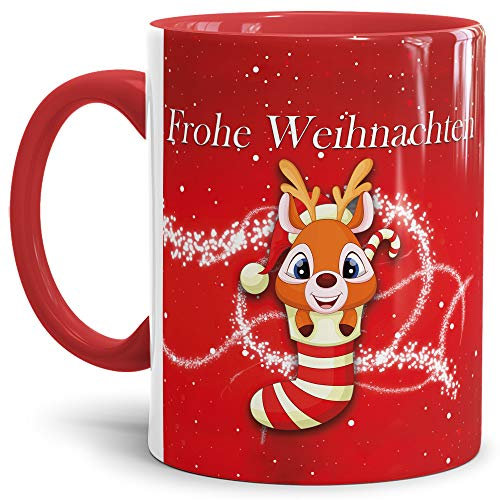 Tassendruck Weihnachtstasse Merry Christmas Farbtasse Innen und Henkel Rot mit Rentier - Kaffeetasse/Mug/Cup - Qualität Made in Germany