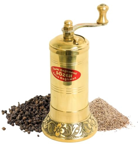 Sozen - Molinillo de pimienta manual de latón de 4.7 pulgadas, molinillo de pimienta turco hecho a mano, molinillo de especias cónico, molinillo de manivela portátil para sal, granos de pimienta y