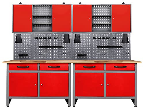 Ondis24 Werkstatteinrichtung rot 6-teilig Werkbank Werkzeugschrank Werkzeugwand/Lochwand mit Haken