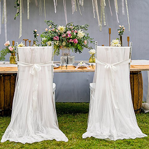 Egurs 2 Stück Hochzeit Stuhlhussen Romantik länger Tüll Stuhlüberzug Stuhlbezug für Hochzeit Weihnachten Haus Party Dekoration 2.6m*1.6m