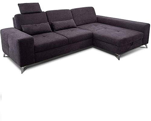CAVADORE Ecksofa Bali / Trendige Sofaecke mit Longchair rechts, Kopfstütze & Nierenkissen / Inkl. Sitztiefenverstellung, Bett & Bettkasten / 286 x 92 x 176 / Flachgewebe: Dunkelgrau