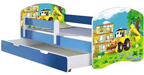 ACMA Kinderbett 180x80 cm Blau mit Bettkasten, Matratze & Lattenrost – Jugendbett ab 3 Jahren mit Rausfallschutz, personalisiertes Motiv 20 Bagger, Kinderzimmer, belastbar bis 120 kg