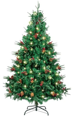 7ft Christmas Tree with Lights, AGM 210CM PE PVC Xmas Tree with Red Berries and Pine Cones for Indoor Outdoor Christmas Decor