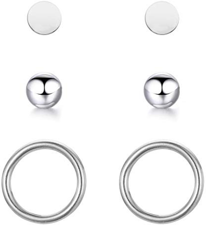 BONNYBIRD® Ohrringe Silber Set für mehrere Ohrlöcher Damen Medizinische Ohrstecker Chirurgenstahl Gesundheitsstecker Edelstahl Stecker Nickelfrei Schmuck Klein Hypoallergen Wasserfest Kugel Kreis