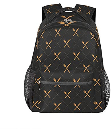 Rucksack mit goldenem Messer- und Gabelmuster, personalisiertes Muster, Büchertaschen, Freizeitrucksack für Teenager, Jungen und Mädchen, Rucksack, Laptop, athletisch, Outdoor, Wandern, Camping,