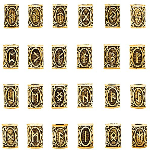 24 Stücke Bartperle Wikinger, Wikinger Bartschmuck, Wikingerperle Runenperle, für Bearbeiten von Frisuren, Bärten und zum Dekorieren von Haaren (Golden)
