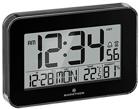 Marathon Designer Atom-Wanduhr | Digitale Wanduhr mit Innentemperatur, Luftfeuchtigkeit & Alarm | 12/24 Std. | Polierte Acryl-Lünette | Kristallrahmen