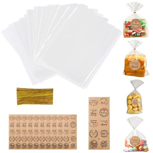 100 Cellophantüten Klar Zellophantüten Tütchen Transparent Kleine Kindergeburtstag Gastgeschenke Cellophanbeutel,Süßigkeiten Bonbons Tüten Geschenktüten Plätzchen-100 Metallische 10 Aufkleber(10x15cm)