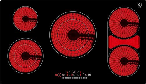 K&H Glaskeramikkochfeld NC-10209 [5 ZONEN] - Herdplatte 5 Kochfelder - Kochfeld 5 Platten Autark - Kochplatten 5er - Starkstrom-Anschluss - Ohne Stecker - 90CM - 10600 Watt - 9 Leistungsstufen