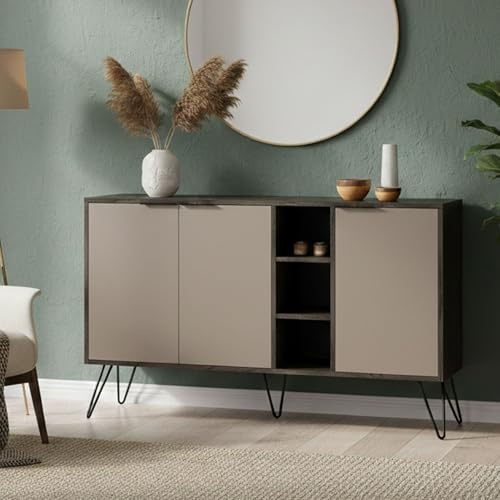 Dmora - Credenza Perseus, Buffet da soggiorno, Madia da salotto, Dispensa da cucina, 142x36h83 cm, Antracite e Beige