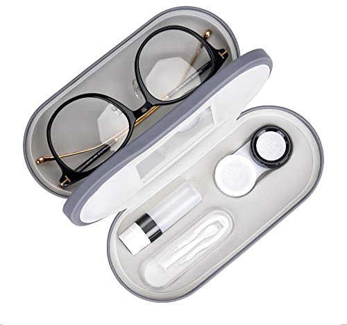 Muf 2 in 1 Contact Lens Case and Glasses Case,Double Sided Dual Use Design,Leak Proof & Portable,Tweezer and Contact Lens Solution Bottle Included for Travel Kit(Grey)