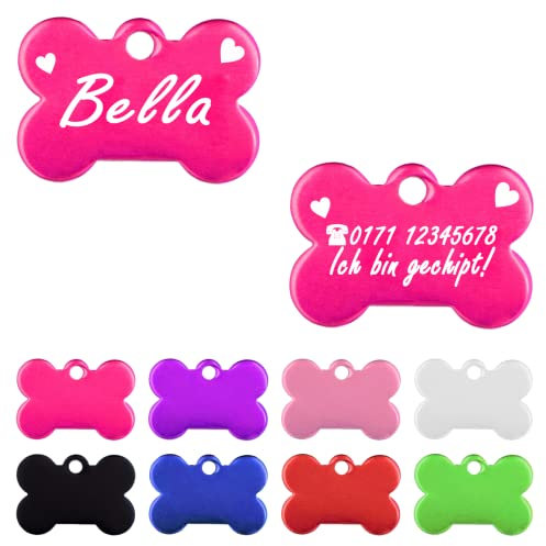 Iberiagifts - Hundemarke Knochen mit Gravur und Herzen für sehr kleine Welpen - Hunde - Katzen Haustier Plakette Anhänger Halsband Medaillon graviert personalisiert (Pink)