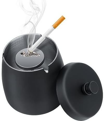 Posacenere da Esterno in Acciaio Inox - Portacenere Antivento Antiodore con Coperchio per Balcone, Casa, Giardino, Bar, Ristoranti, Hotel (Nero)