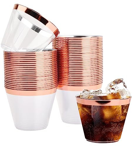 Zsanhua 50PCS Plastic Cups with Rose Gold Rim | 9oz 270ml Disposable Wine Cups Stack-able Reusable Wine Glasses Elegant Party Cups for Champagne Beer Cocktail Martini Soda Dessert