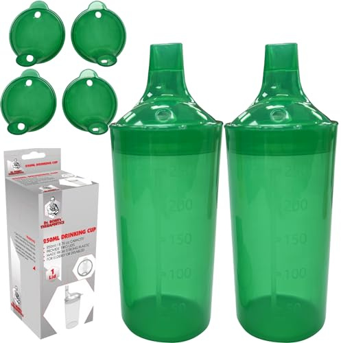 DR. BONE'S THERAPEUTICS ® Set of 2: Green, Wide Spout, Feeding Beakers. 250ml with Graduated Measurements and Adjustable Flow Lid - Autoclavable, Microwave Safe Spill-Proof & Leak Prevention
