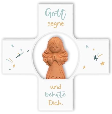 Fritz Cox Engelkreuz 'Gott segne und behüte Dich' mit Schutzengel aus Keramik, 12cm
