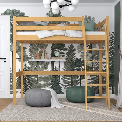 N-wood N03 Hochbett Holz 80x180 cm, Einzelbett, 2 Leitermontageseiten: Links oder rechts, sichere abgerundete Kanten, Stabile Massivholzkonstruktion, inklusive Lattenrost, Naturkiefer