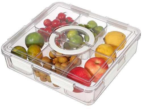 Taiuloo Divided Serving Tray with Airtight Lid and Handle, 6 Compartment Snackle Box Container, Portable Snack Platters, Clear Fridge Organizer & Food Storage for Veggie, Fruit, Charcuterie, Nuts