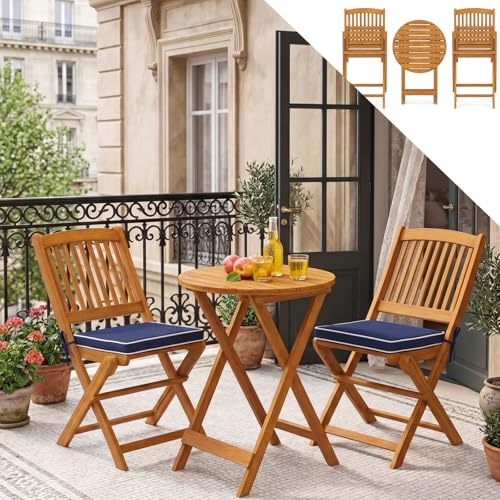 GOPLUS Salon de Jardin Exterieur 2 Personnes, Table Bistrot en Bois Acacia avec 2 Chaises 2 Coussins Amovibles, 3PCS Table Balcon 2 Places Pliante pour Terrasse, Cours (Bleu)