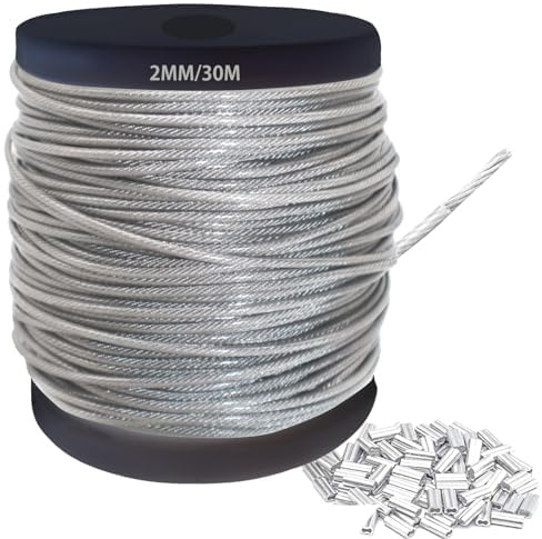 2mm 304 Wire Rope Stainless Steel Wire Cable 30m Length 7x7 Cross Section 275kg Breaking Load stainless steel cable with 30 Pcs Aluminum Crimping Clamps Loop Sleeve