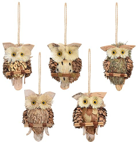 BLSYHDH 5 Stück Hängende Eulen-Ornamente, Verschiedene Handgefertigte Hängende Eulen-Anhänger, Niedliche Braune Tier-Hängeornamente aus Holz für Baum, Halloween, Weihnachten, Feiertage,(#1)