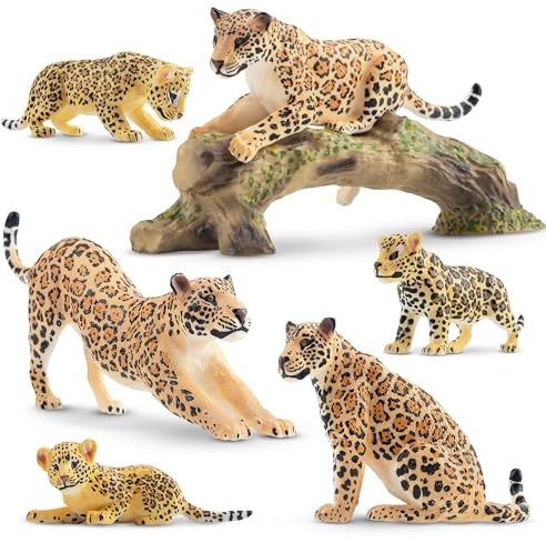 TOYMANY 7 figurines jaguar avec petits et tronc, jouets réalistes en plastique, zoo forêt, jouet éducatif