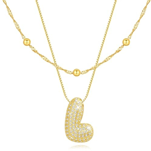 CyxenNova Personalisierte Kette mit Buchstaben Gold Layering Bubble Halskette Damen Gold mit Zirkonia 18K Vergoldet Hypoallergen Geschenke für Frauen Kommunion Geburtstag (L)