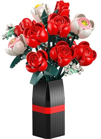 Booyuer Blumenstrauß-Baukasten, 841 PCS Botanische Sammlung, 11 Rose Blumen Deko-Pflanzen-Bausätze mit Vase, Geschenke für Mädchen Geburtstag Erwachsene Frauen Valentinstag Mothers Day