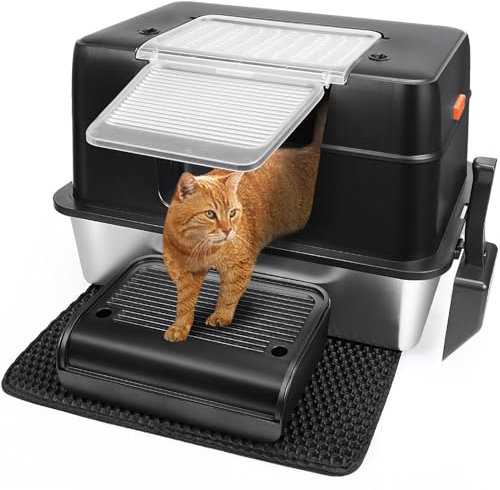 Vivifying Stainless Steel Litter Box, XL Side Entry Extra Large Litter Box with Lid for Big Cats & Kitty, Removable Enclosed Metal Cat Pan with High Sided Enclosure, Scoop (Black)